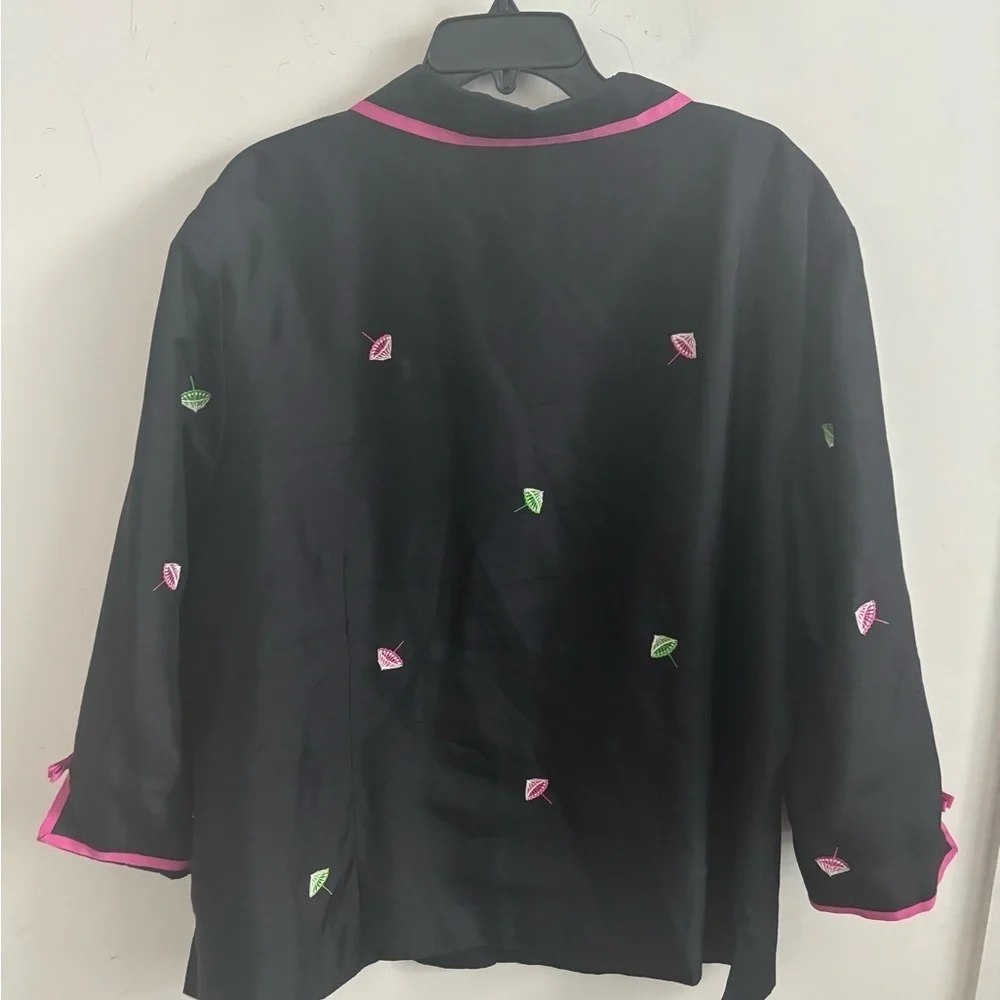Silkland Jacket Silk Embroidered Umbrella Print Artsy Vintage Lounge Pink Trim